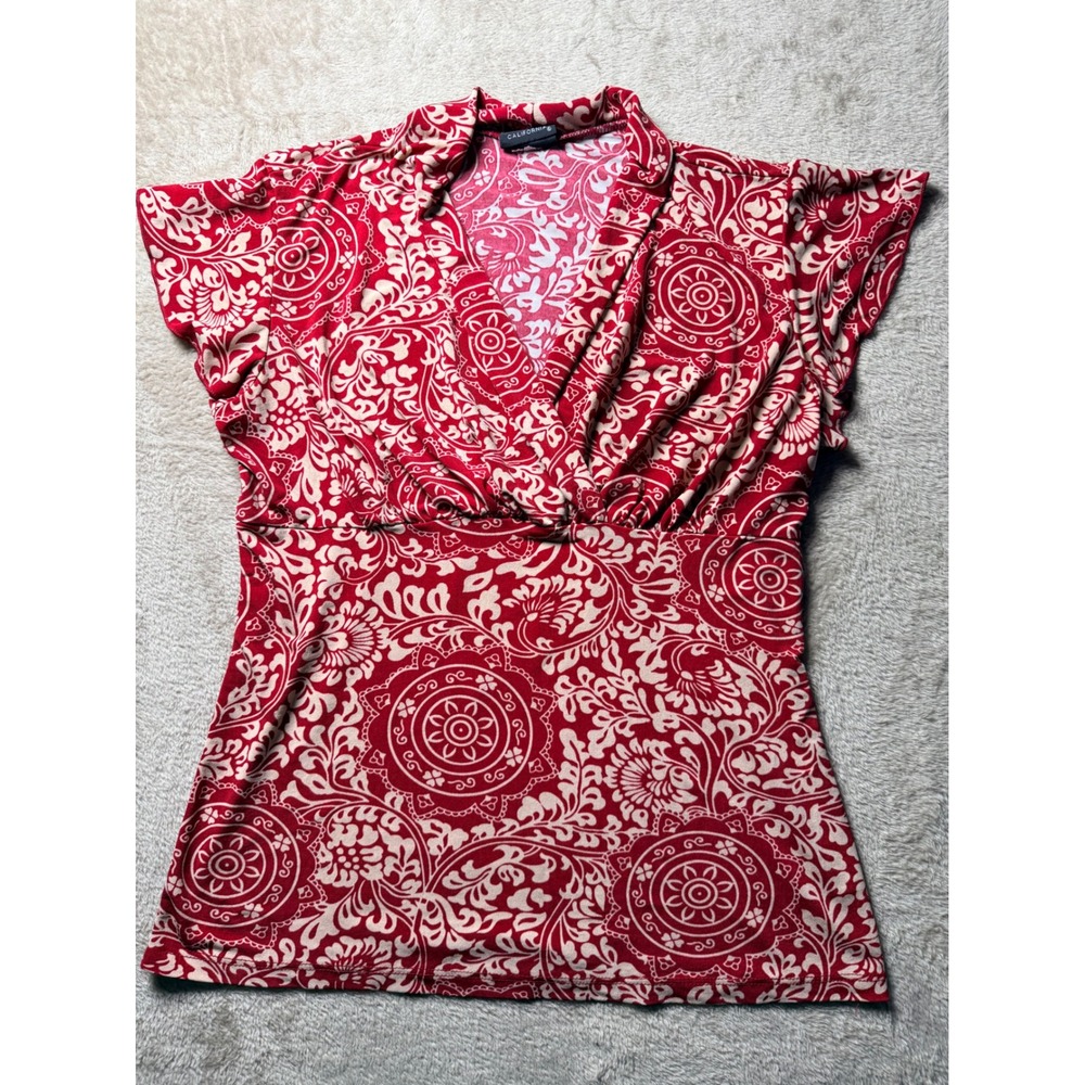 JKLA California Red Cream Medallion Print Surplice Babydoll Top OfficeSiren y2K